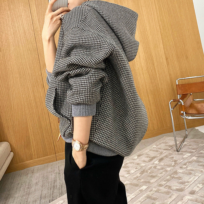 Damen Oversized Sweatjacke mit Kapuze und modernem Houndstooth-Muster Drune