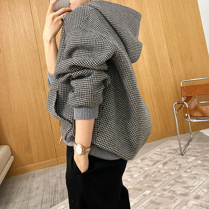 Damen Oversized Sweatjacke mit Kapuze und modernem Houndstooth-Muster Drune