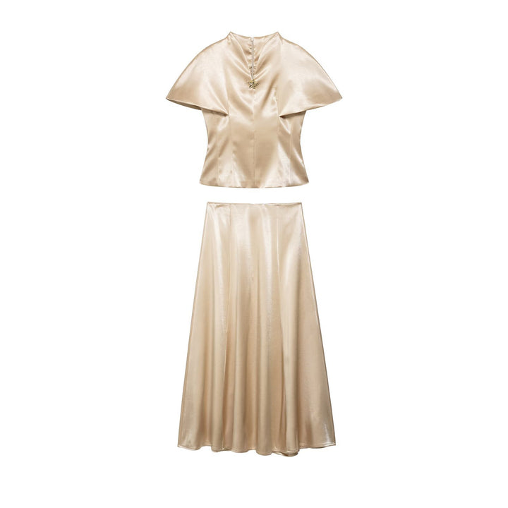 Damen Zweiteiliges Satin-Set mit Cape-Top und fließendem A-Linien-Rock Drune