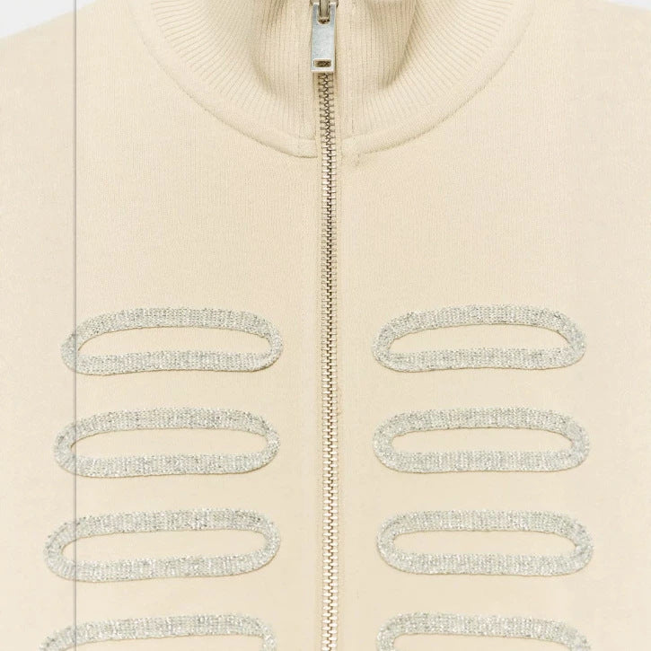 Damen Cropped‑Sweatjacke mit Stehkragen und dekorativem Kordelbesatz Drune