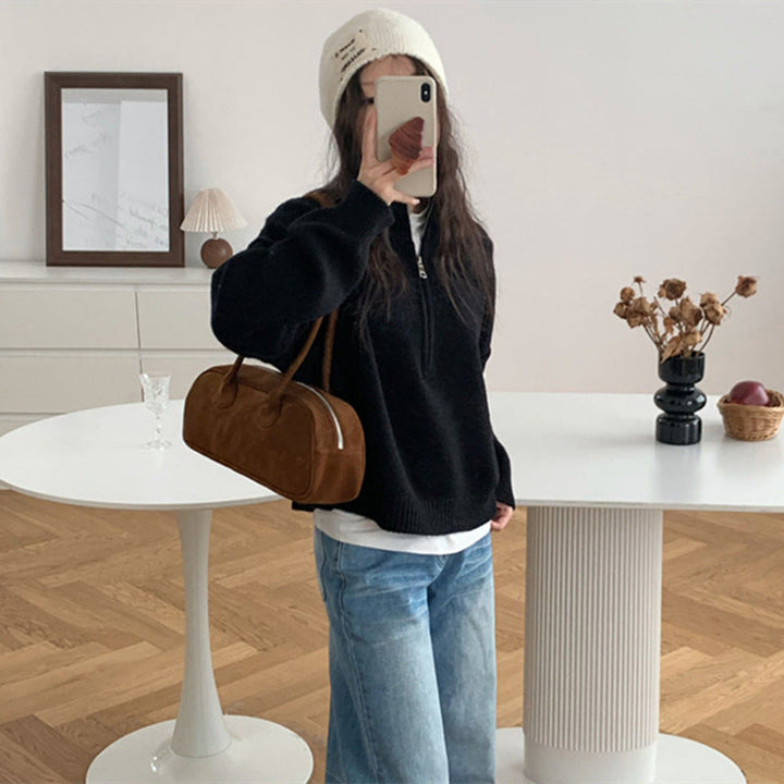 Damen lässiger Pullover mit kurzem Reißverschluss und entspannter Passform Drune