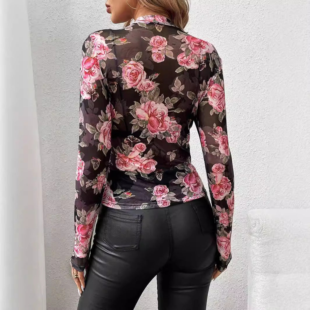 Damen nan transparentes figurbetontes Langarmshirt mit floralem Rosendruck und Stehkragen Drune