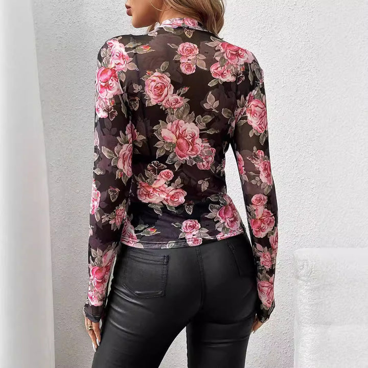 Damen nan transparentes figurbetontes Langarmshirt mit floralem Rosendruck und Stehkragen Drune