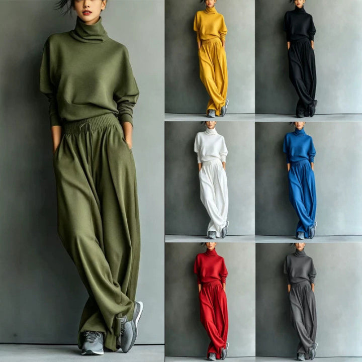 Damen Strick-Loungewear-Set mit Rollkragen und weiten Palazzo-Hosen Drune