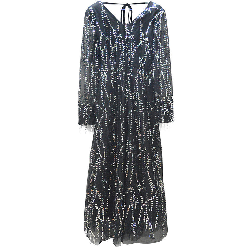 Damen Festliches Maxikleid mit funkelndem Paillettenbesatz und transparenten Ärmeln Drune