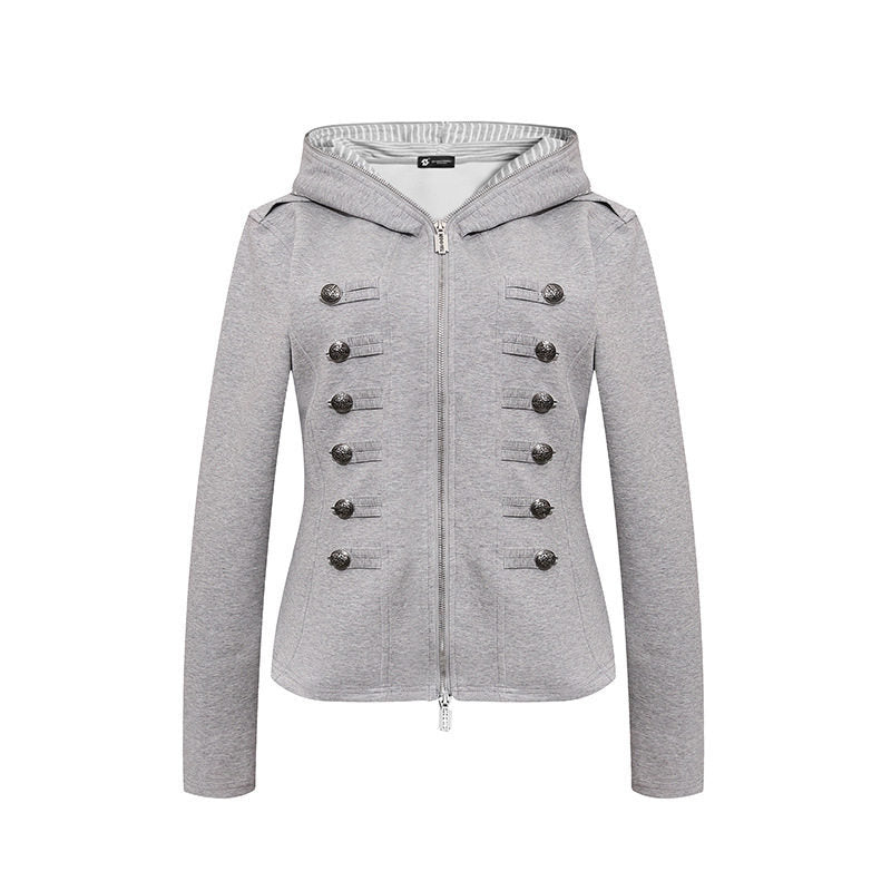 Damen taillierte Kapuzen‑Sweatjacke mit dekorischer Doppelreihe und Metallknöpfen Drune