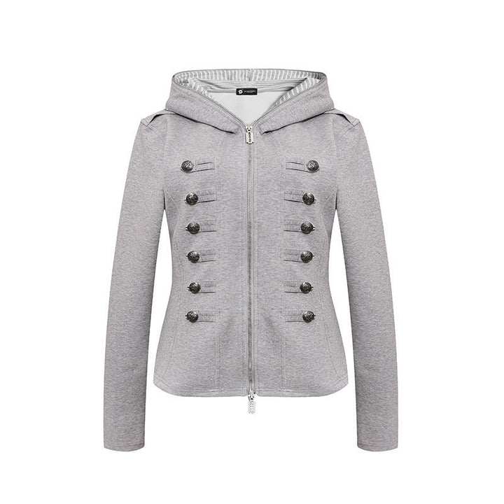 Damen taillierte Kapuzen‑Sweatjacke mit dekorischer Doppelreihe und Metallknöpfen Drune
