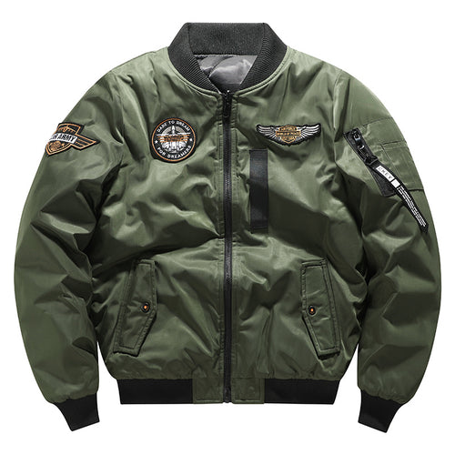 Herren  von der Luftfahrt inspirierte isolierte MA-1 Bomberjacke mit gestickten Missions-Patches und Reißverschluss-Taschen am Ärmel Drune