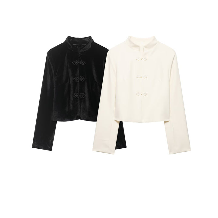 Damen Kurze Blazerjacke mit Stehkragen und Knotenverschlüssen Drune