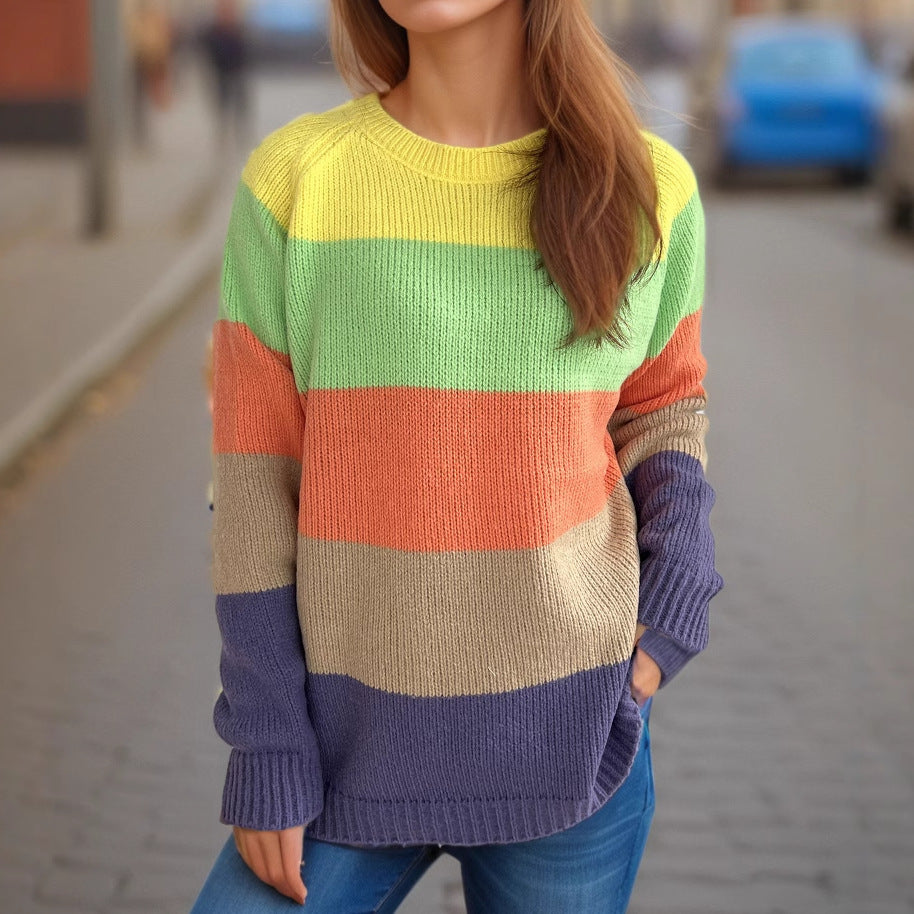 Damen lässiger Strickpullover mit bunten Blockstreifen und weitem Schnitt Drune