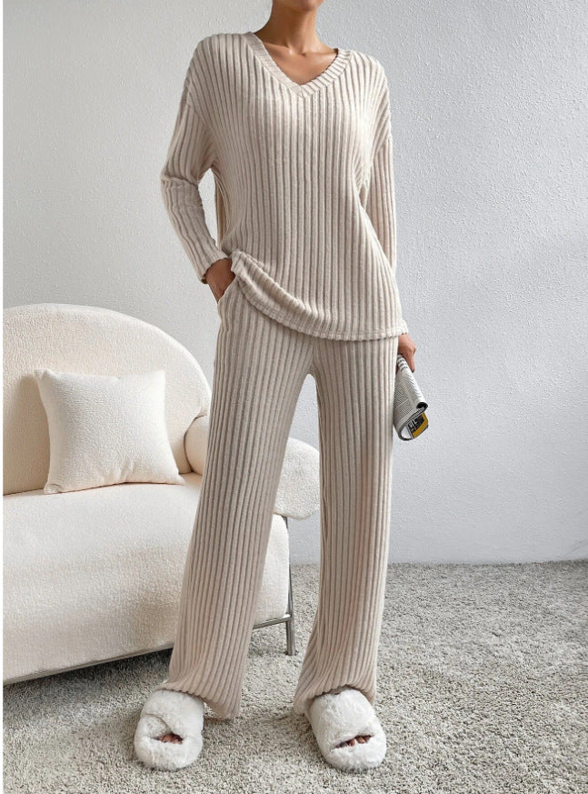 Frauen Rippstrick Lounge Set aus weichem Strick mit V-Ausschnitt und weitem Bein Drune