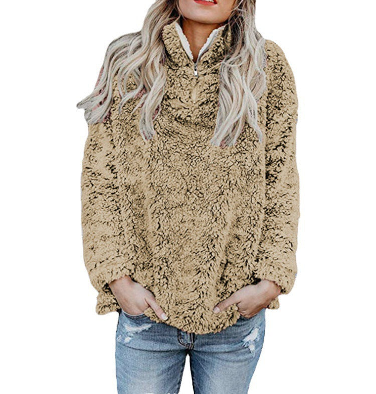 Damen Flauschige Fleece-Pulloverjacke mit hohem Kragen und Reißverschluss Drune
