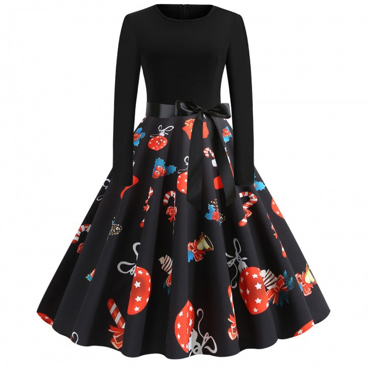 Damen Retro Swingkleid mit Jersey‑Oberteil, taillierter Satin‑Schärpe und festlichem Print Drune