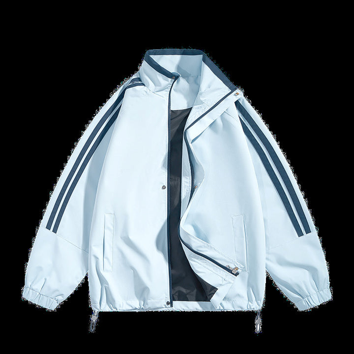 Unisex  oversized retro athletic shell jacket with stand collar and dual sleeve stripes Drune