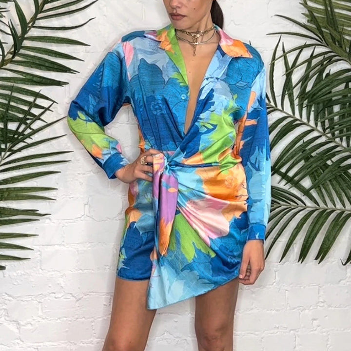 Damen Wickel-Mini-Kleid aus Satin mit tropischem Aquarell-Print Drune
