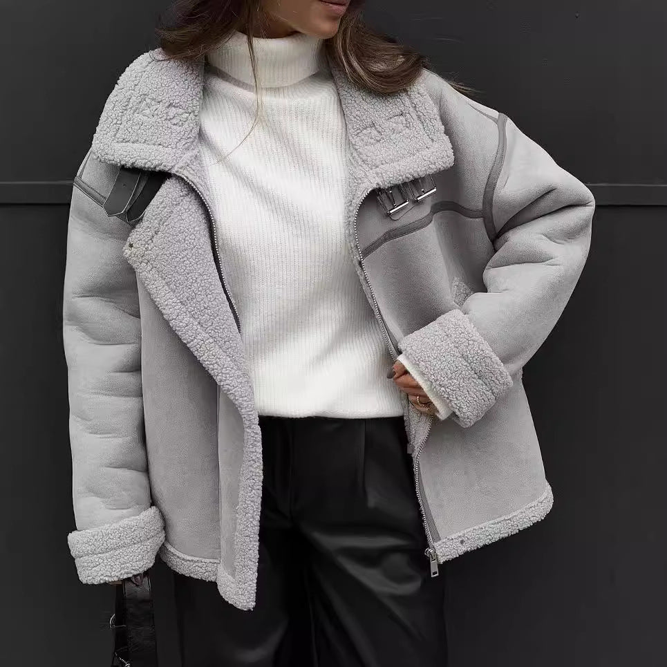 Damen Weit geschnittene Lammfellimitat-Fliegerjacke mit Kunstfellfutter Drune