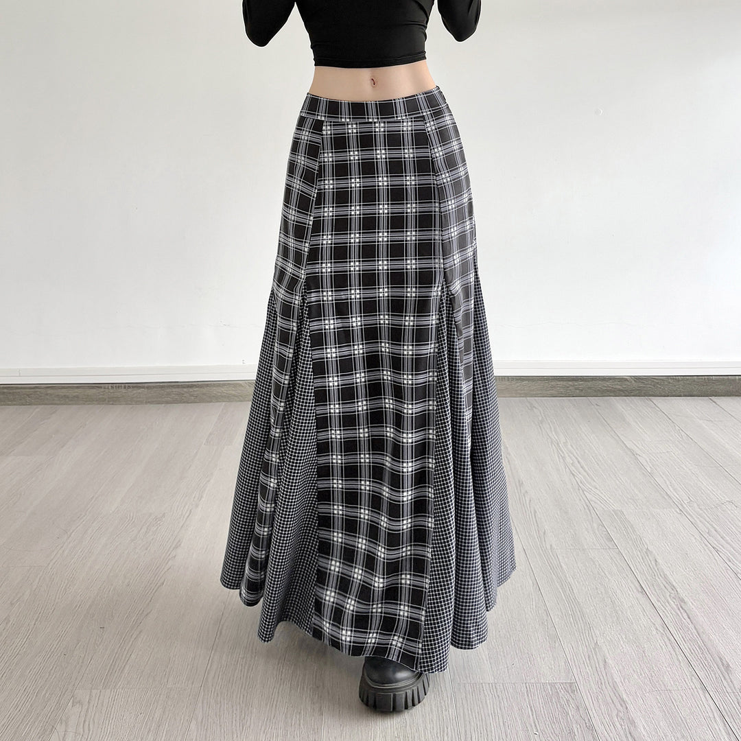 Damen Maxirock mit taillierter Passform, kontrastierenden Karopaneelen und ausgestellter Godet-Silhouette Drune
