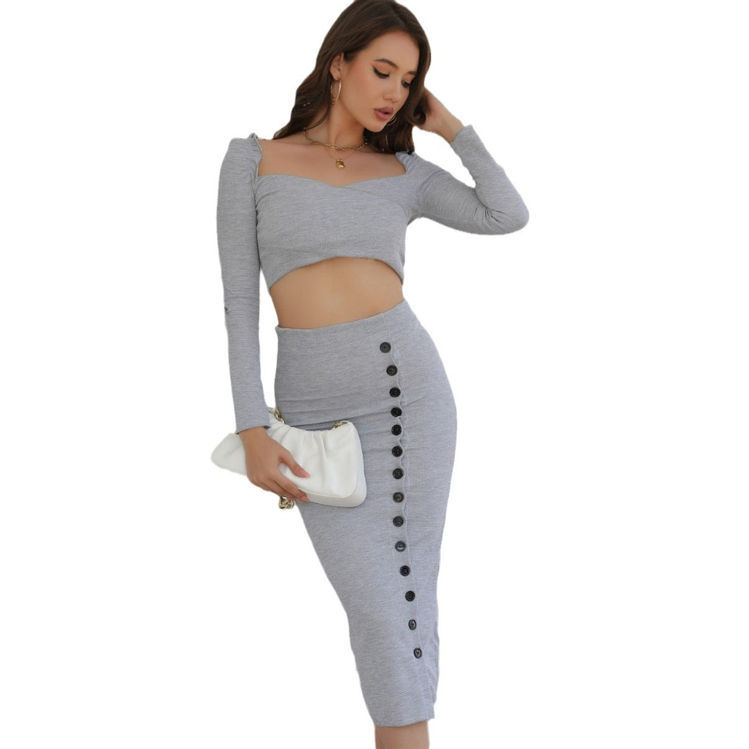 Damen Zweiteiliges Strickset mit Cropped-Top und tailliertem Midirock mit Zierknopfleiste Drune