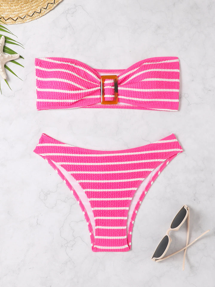 Damen Bandeau-Bikini mit modischem Streifenmuster und dekorativer Schnalle Drune