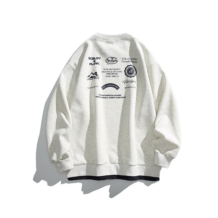 Unisex Oversize-Sweatshirt mit großflächigem Rückenprint, Lagenoptik und gerippten Bündchen Drune