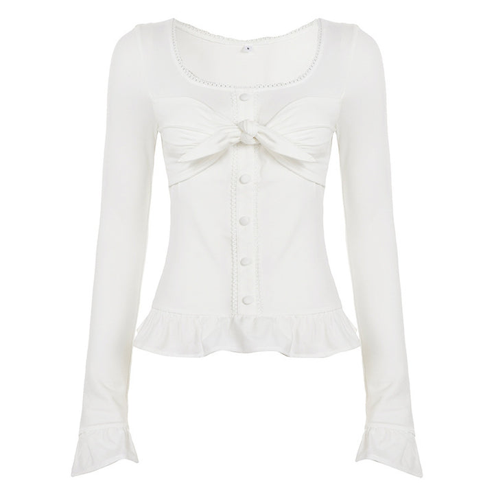 Damen Tailliertes Langarm-Cropped-Top mit Zierschleife, Knopfleiste und Volantbund Drune