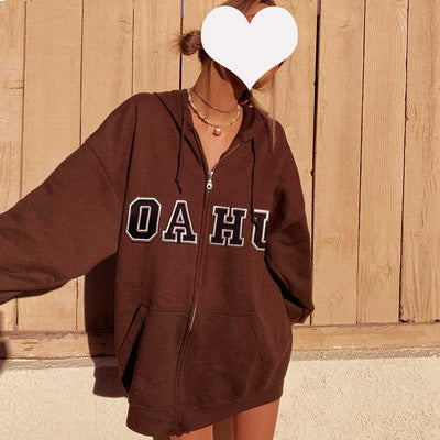 Damen nan extralanges College-Kapuzenzipper im Oversize-Schnitt mit Kängurutaschen Drune
