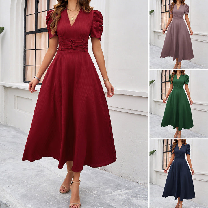 Damen Midi Kleid mit Puffärmeln und V-Ausschnitt Drune