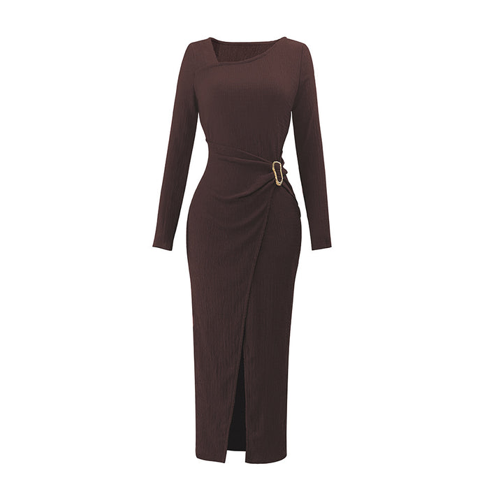 Damen asymmetrisches Wickel-Midikleid mit Ziergürtel, Drapierung und hohem Beinschlitz Drune