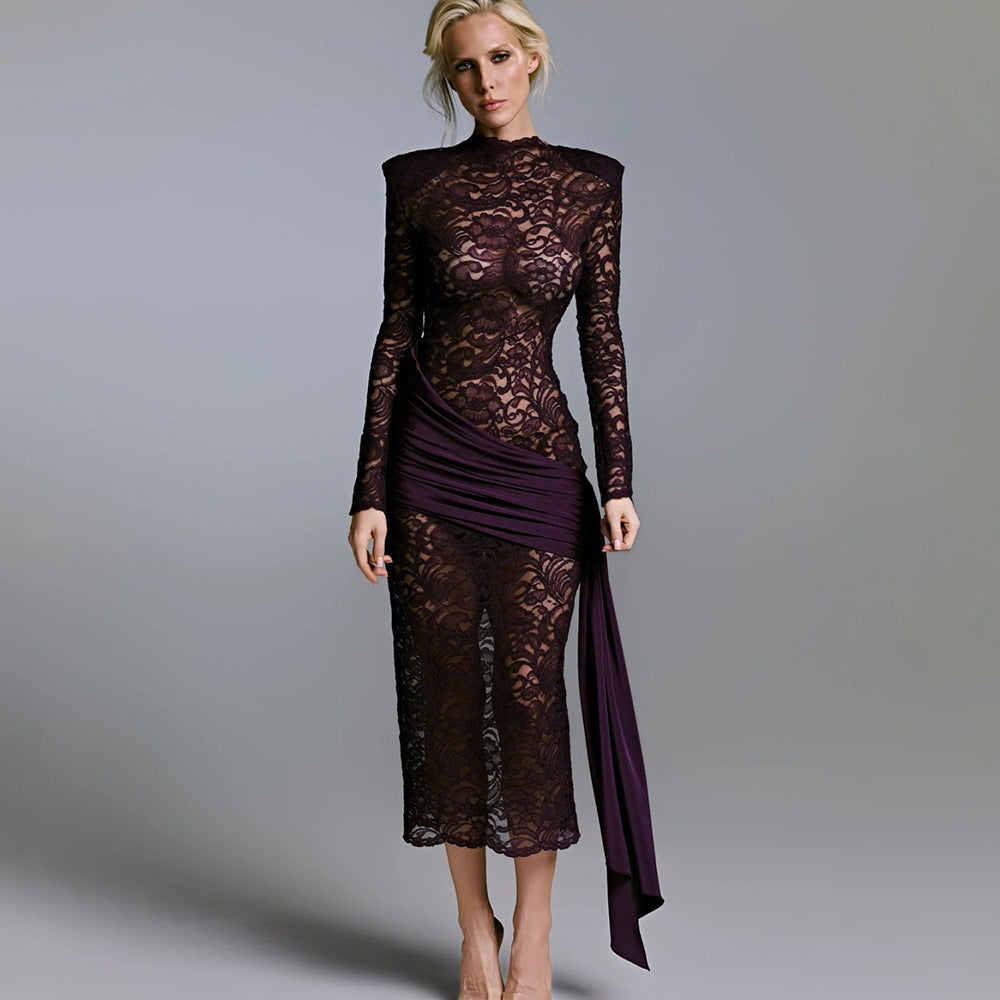 Damen Elegantes langärmliges Spitzenkleid mit seitlichem Raffungseffekt Drune
