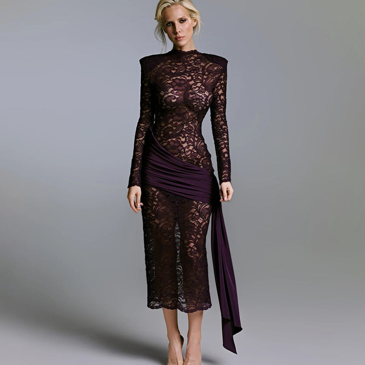 Damen Elegantes langärmliges Spitzenkleid mit seitlichem Raffungseffekt Drune