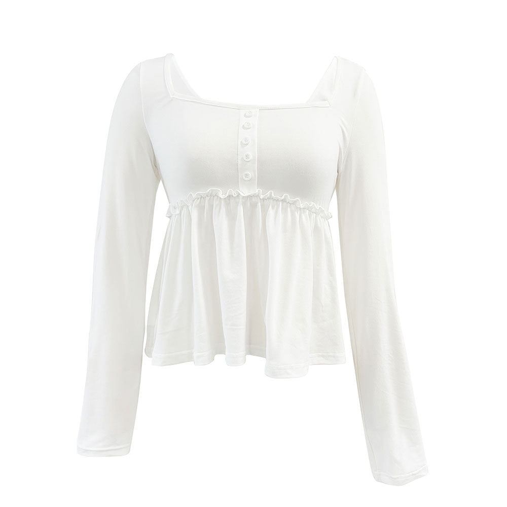 Damen gerafftes Peplum-Longsleeve mit quadratischem Ausschnitt und zierlicher Knopfleiste Drune