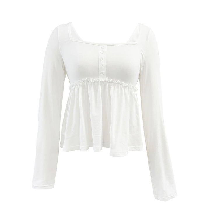 Damen gerafftes Peplum-Longsleeve mit quadratischem Ausschnitt und zierlicher Knopfleiste Drune