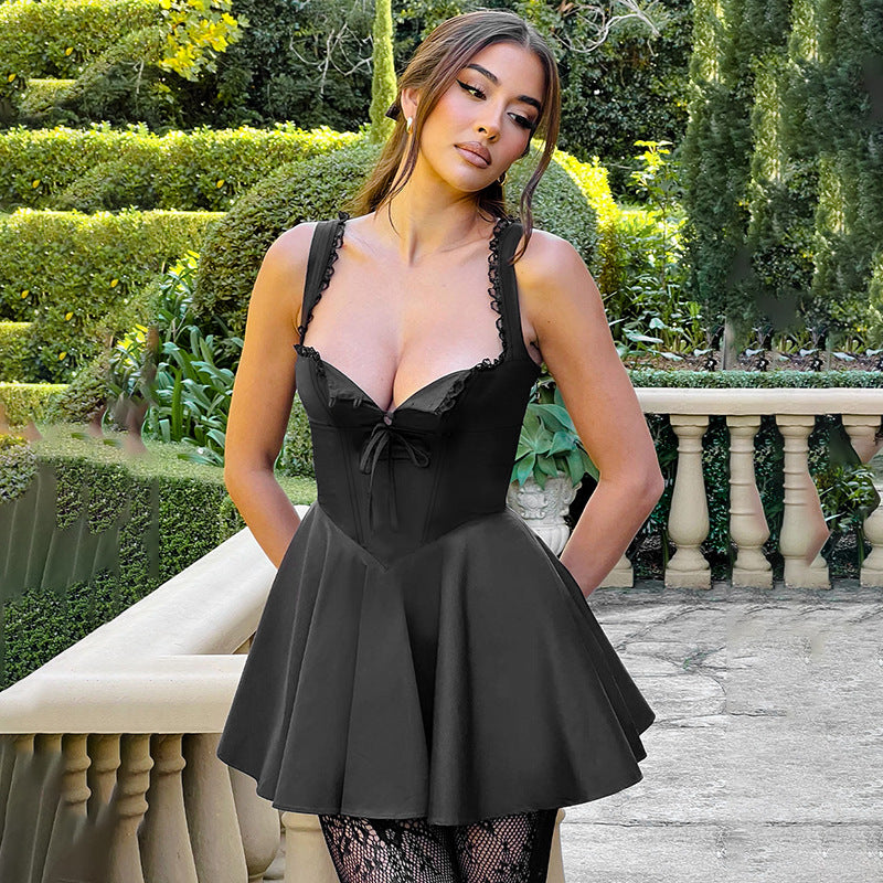 Damen verspieltes Minikleid mit tiefem Ausschnitt und Rüschendetails Drune