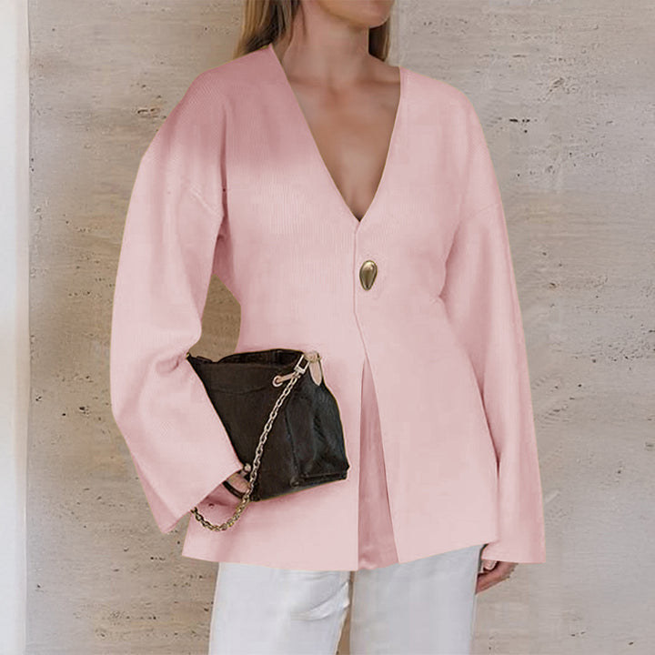 Damen nan taillierter Feinstrick-Cardigan mit V-Ausschnitt, Zierknopf und frontaler Schlitz Drune