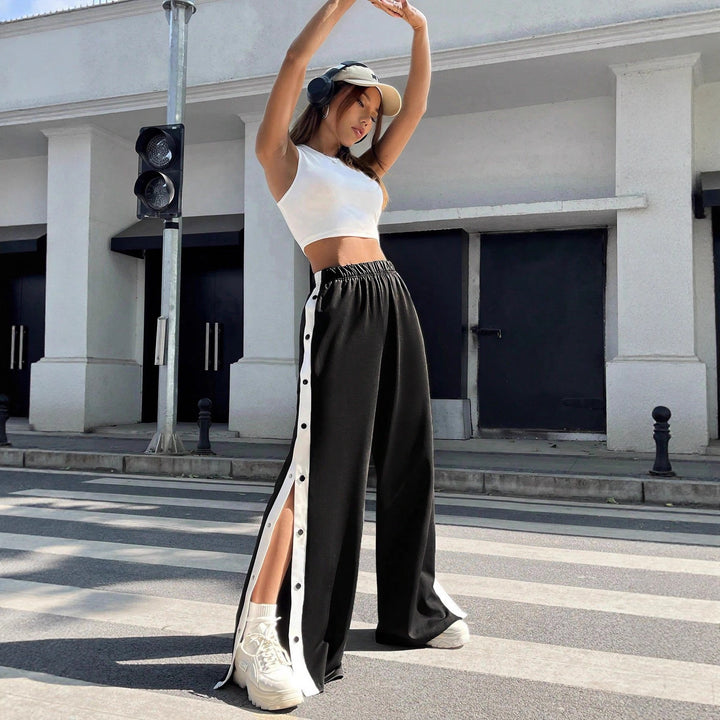 Damen Sportliche Palazzo-Hosen mit seitlichen Druckknöpfen und elastischem Bund Drune