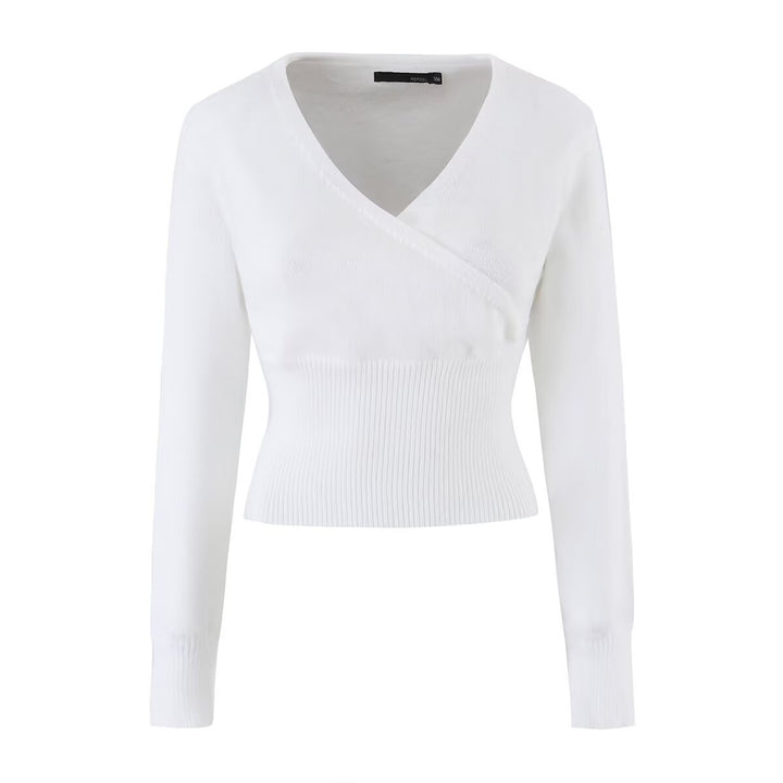 Damen Feines Wickel-Stricktop mit tailliertem Rippbund Drune
