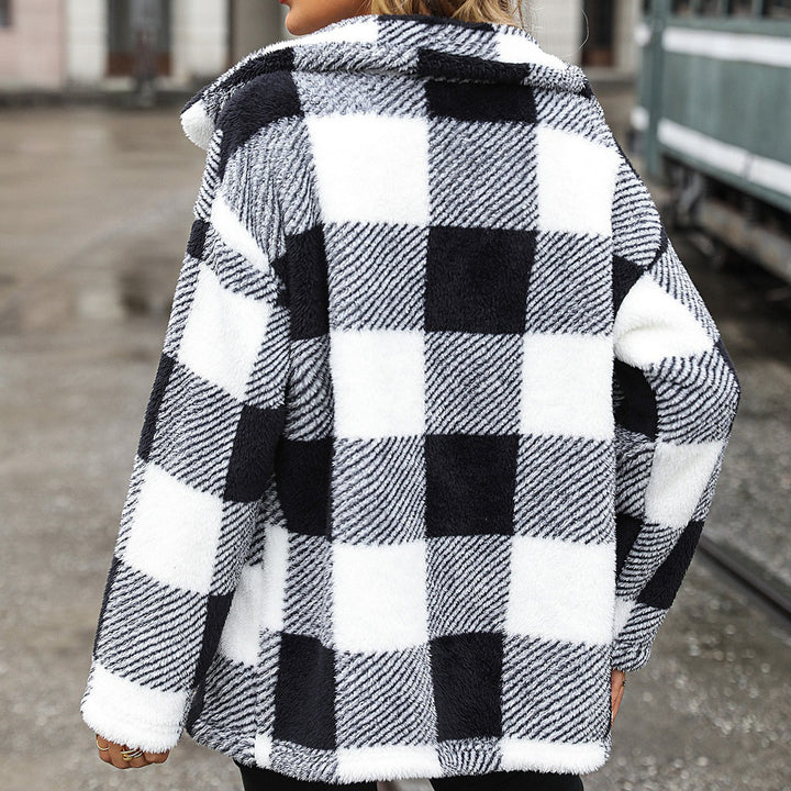 Damen Plüschjacke mit angesagtem Karomuster und praktischen Taschen Drune