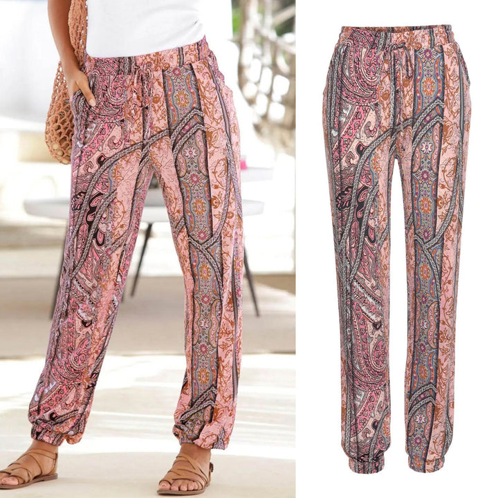 Damen Elegante Blumendruck-Hose mit Elastischem Bund und Seitentaschen Drune