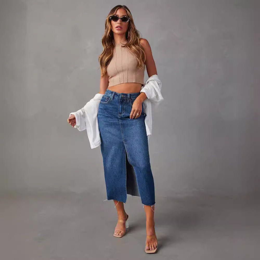 Damen Hoch geschnittenes Bleistiftkleid aus Jeans mit seitlichem Schlitz Drune