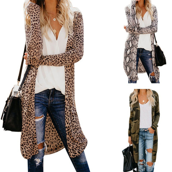 Damen Langer Cardigan mit Leopardenmuster und offenem Schnitt Drune