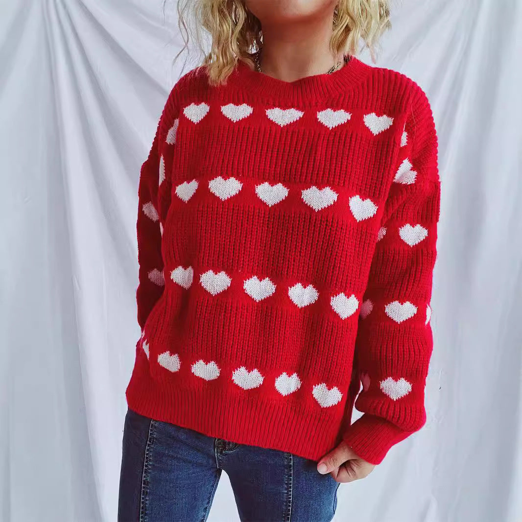 Damen gemütlicher Herzmuster-Strickpullover mit weiten Ärmeln Drune
