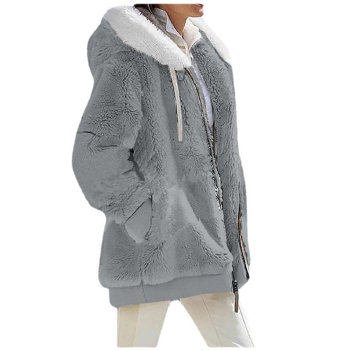 Damen Kuschelige Teddy-Kapuzenjacke mit Kontrastbesatz, Reißverschluss und Eingrifftaschen Drune