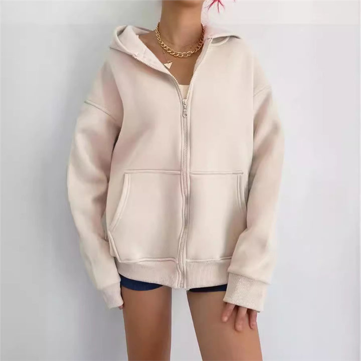 Damen nan oversized Zip-Hoodie mit French-Terry Fleece, Kängurutaschen und verlängerten Ärmelbündchen Drune