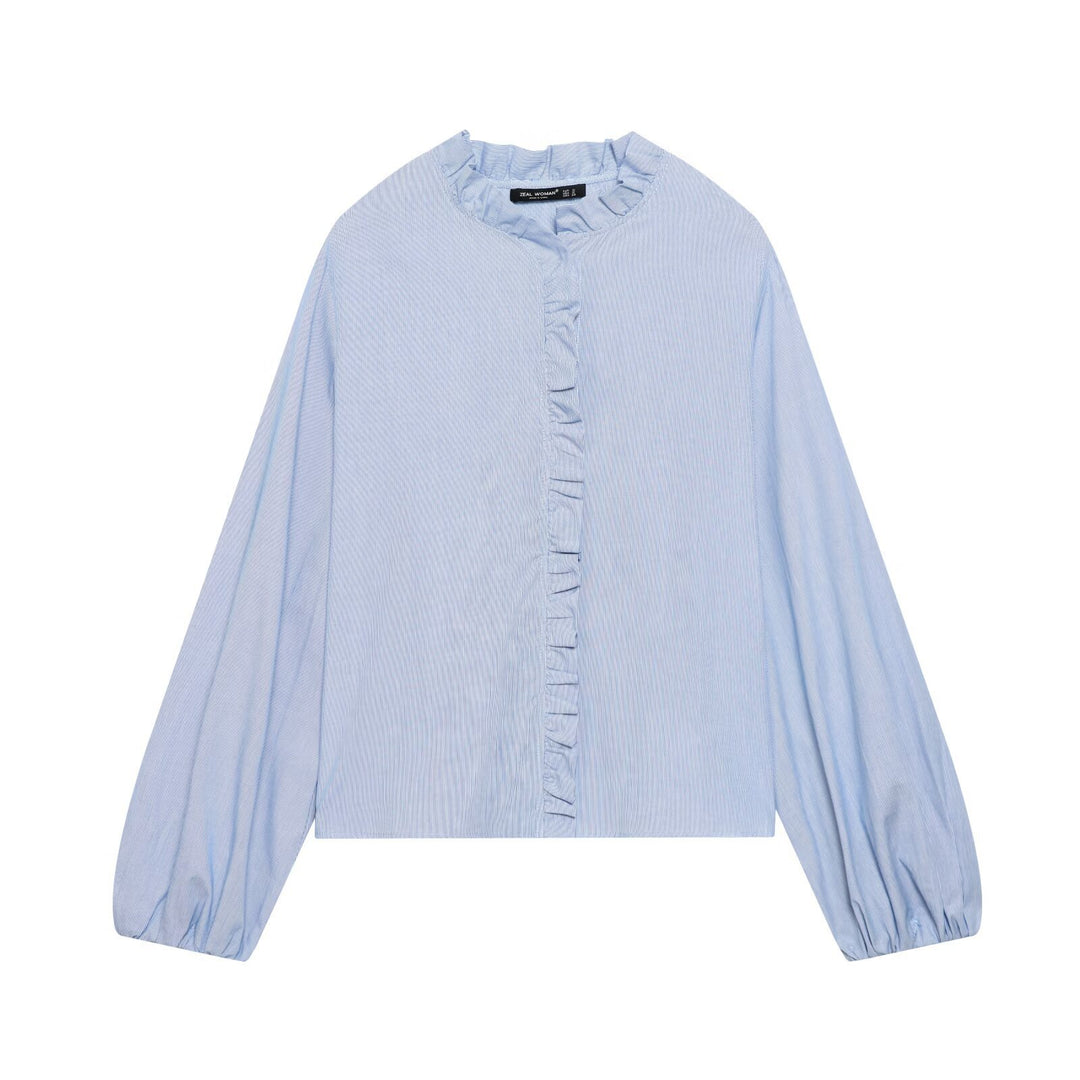 Damen Gestreifte Cropped-Bluse mit Rüschendetail und Ballonärmeln Drune