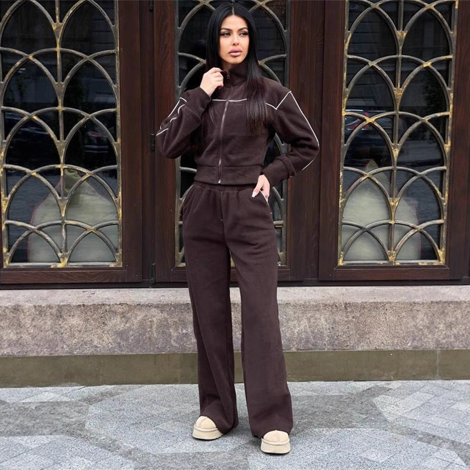 Damen Kurzgeschnittenes Zip-Oberteil mit lockerfallender High-Waist-Loungehose Drune