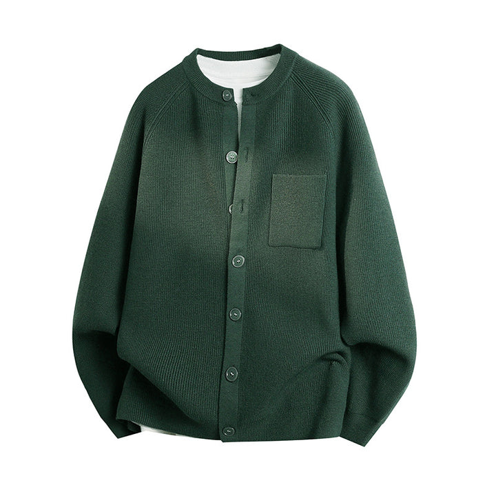 Unisex Leichter Feinstrick-Cardigan mit Rundhalsausschnitt, Brusttasche und Raglanärmeln Drune