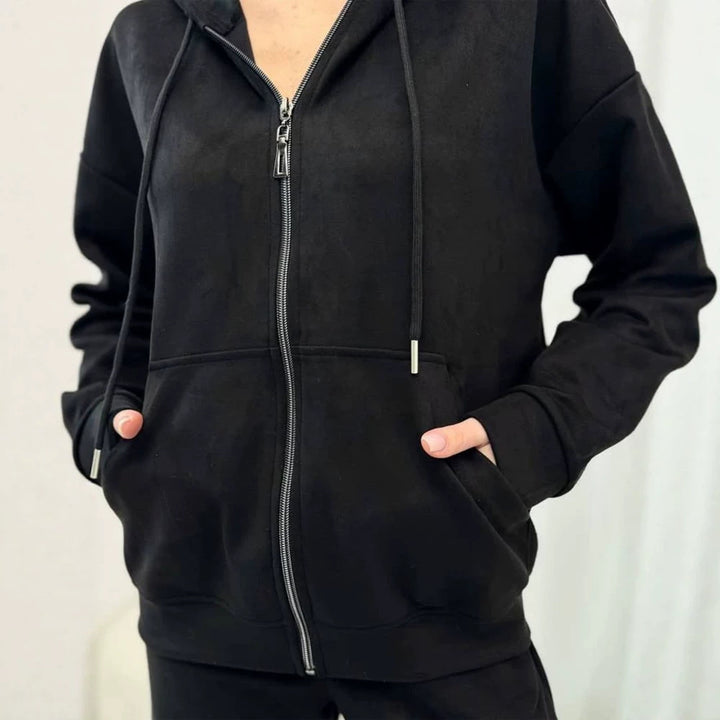 Damen Lässiges Kapuzen‑Sweatset mit Reißverschluss und weitem Jogger‑Schnitt Drune