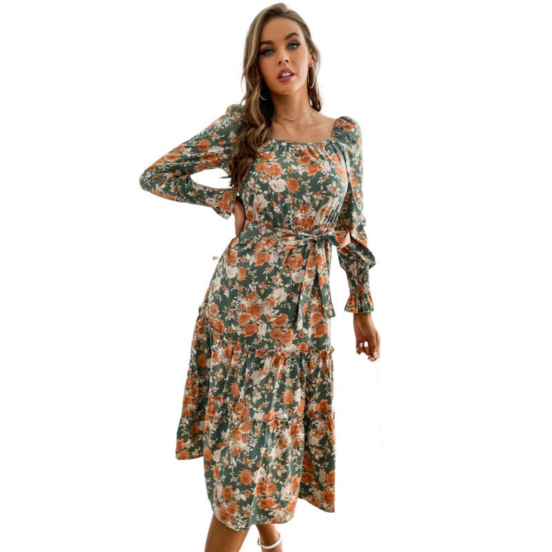Damen Blumenkleid mit Tendervollfalten und runder Ausschnitt Drune