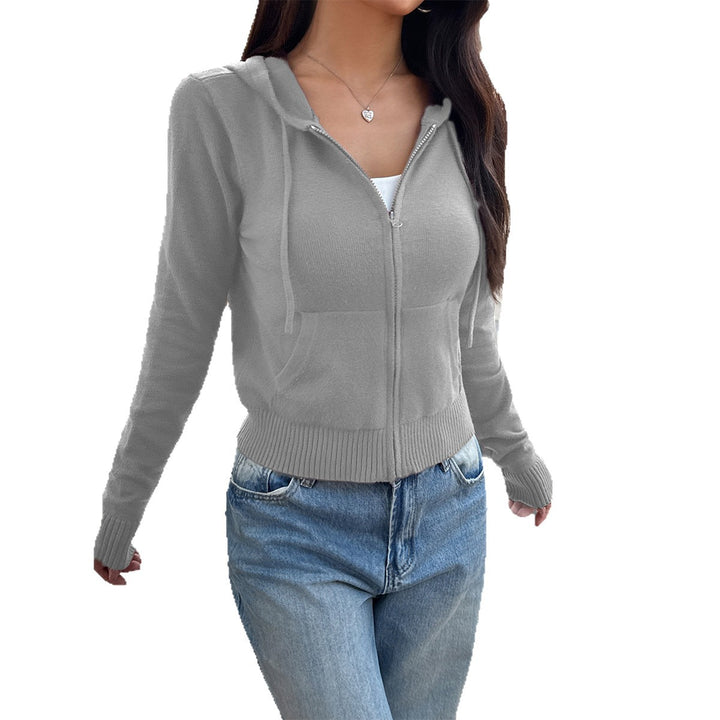 Damen modischer Zip-Hoodie mit Kängurutasche und feiner Rippstruktur Drune