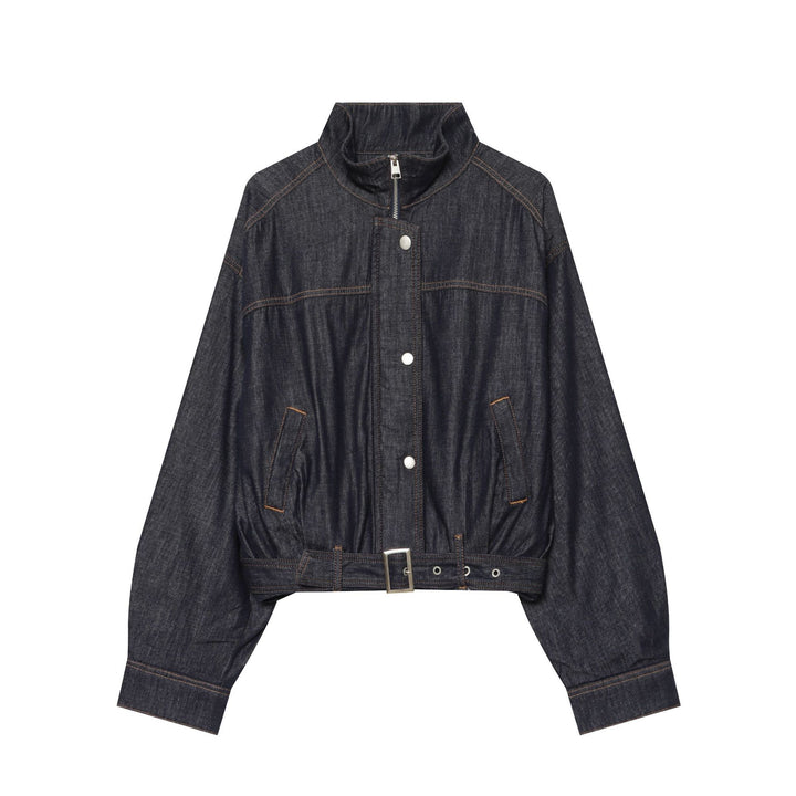 Damen Cropped Jeansjacke mit Stehkragen, Taillengürtel und elastischem Saum Drune